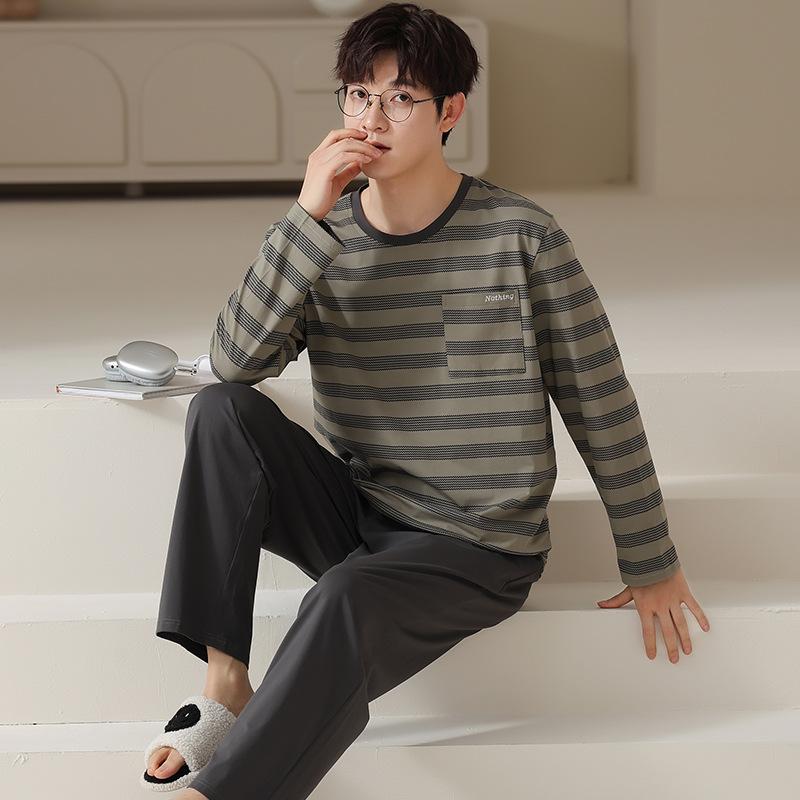 Тип Пижамный костюм из чистого хлопка на осень-зиму для мужчин с длинными рукавами из хлопка, комплект домашней одежды для мужчин, мягкая домашняя одежда для мужчин