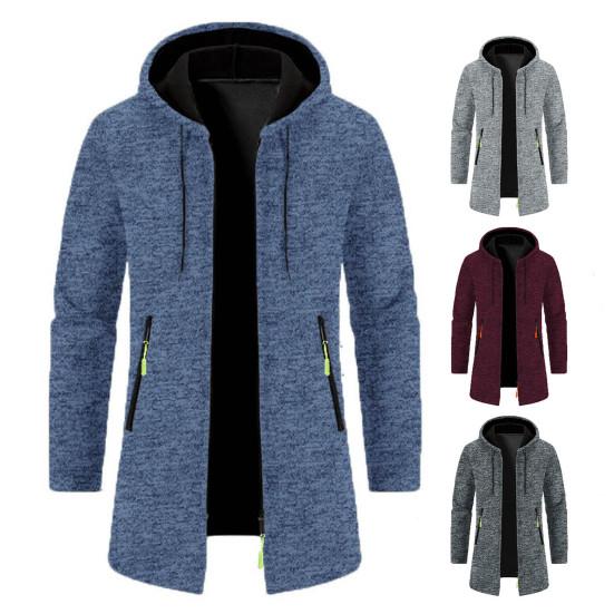 Мужское пальто с капюшоном, длинными рукавами, однотонная куртка средней длины с карманами, застежка-молния