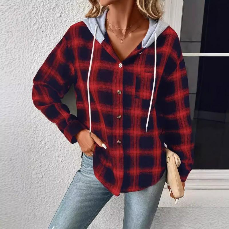 Womens Striped Plaid Hooded Sweatshirt Button Down Casual Shirt Jacket Fall Winter Streetwear