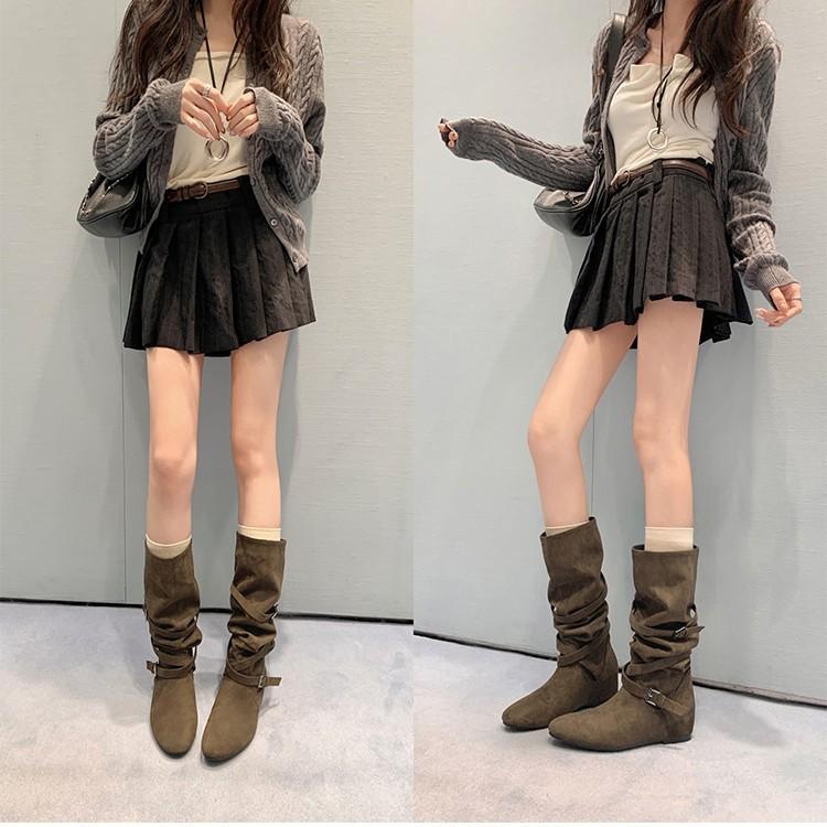 Новые ботфорты с внутренней высотой 5 см, корейский модный дизайн с пряжками, ботильоны на среднем каблуке, тонкие сапоги