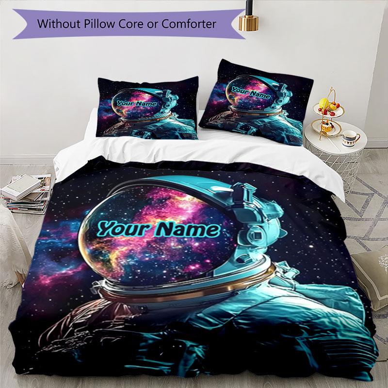 3PC Custom Name Astronaut Space Bedding Set Duvet Cover Closure Includes 1 Duvet Cover & 2 Pillowcases for Bedroom
