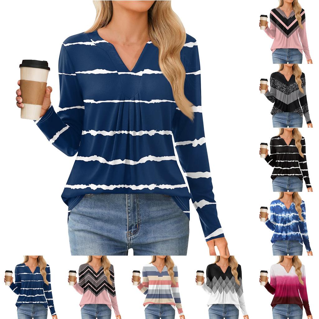 Women's Fashion Casual Long Sleeve Shirt Color Stripes Printed V Neck Up Tops