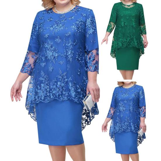1 Set Elegent Beauty Lady Dress Plus Size Midi Cover Up Dress Embroidery Lace Flower O-neck High-Waist 44624 Sleeve Lady
