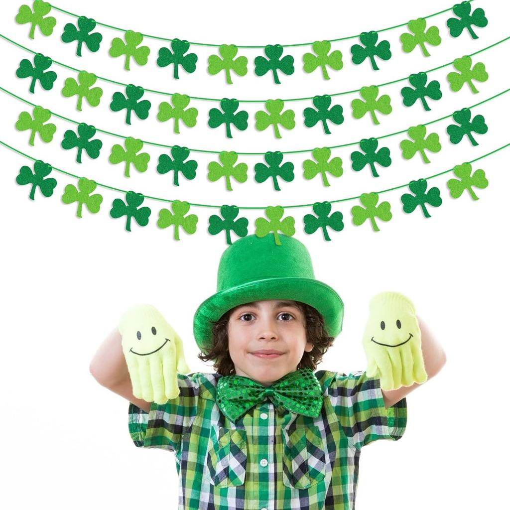 St Patricks Day Decorations 4PCS Felt Shamrock Garland Banner - NO DIY Shamrock Clover Garland Banner for St Patricks Day Decor - Dark Green Light