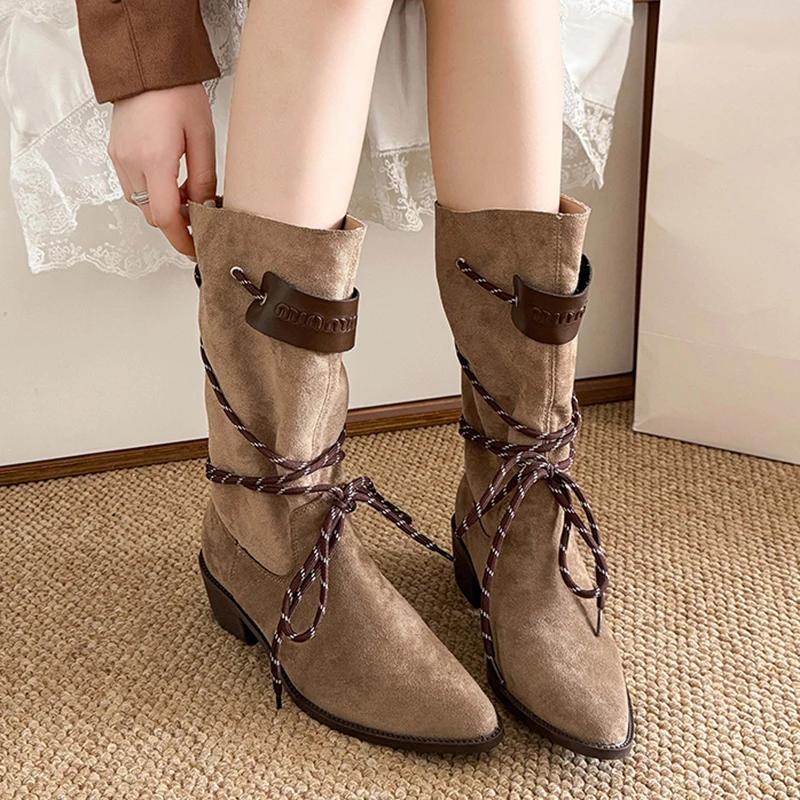 Модные осенне-зимние женские ботинки-вестерны на толстом каблуке 2025, сексуальные полусапоги с острым носком, женские сапоги для верховой езды из искусственной замши, на молнии