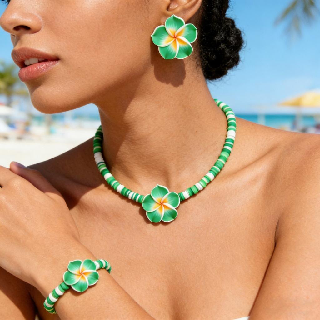 European and American summer sweet soft pottery flower earrings bracelet necklace women's seaside dopamine vacation style jewelry set