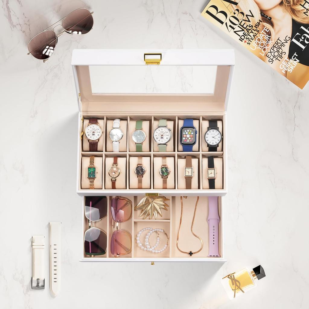 ProCase Чехол для часов с 12 слотами, витрина для часов с часовым кейсом со стеклом, 2-ярусный органайзер для хранения ювелирных изделий, мужская коробка, ящик, мужская крышка,