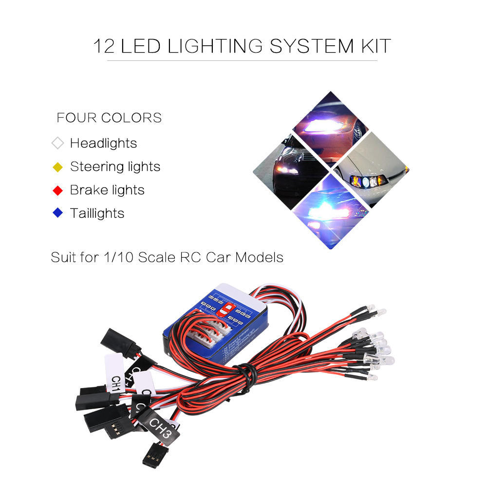 12 LED Lighting System Kit Steering Brake Smart Simulation Flash Lights for 1/10 Scale Models RC