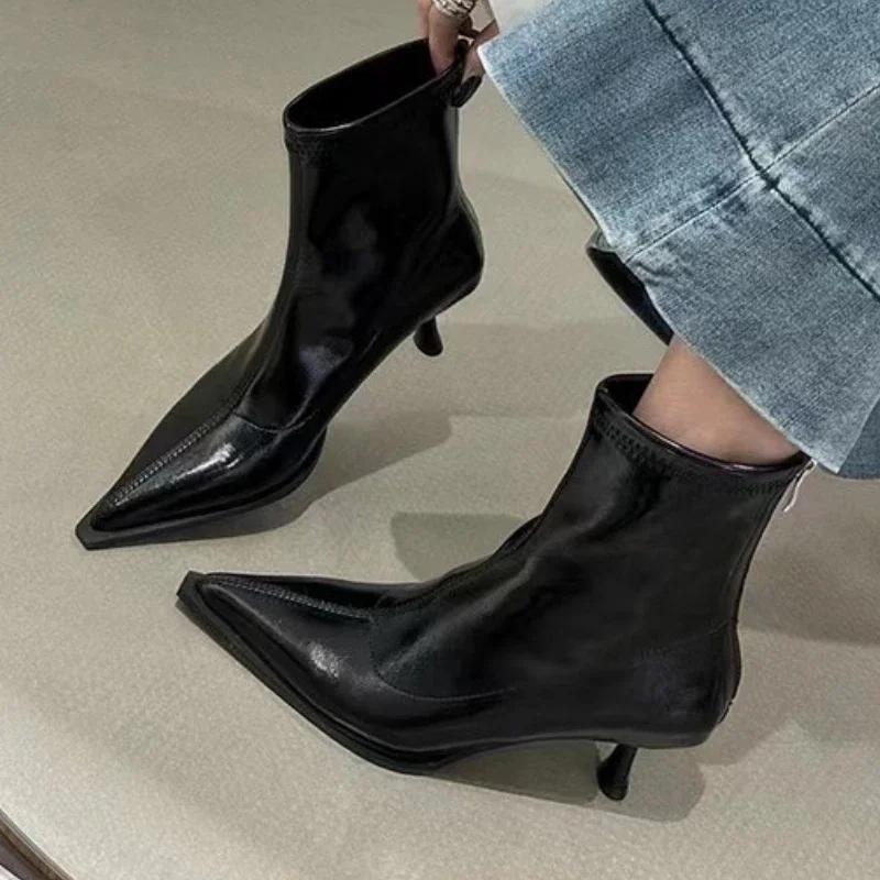 Pointed Toe Solid Women's Boots Zipper High Heels Ladies Shoes 2024 High Quality Autumn Short Barrel Versatile Women's Boots