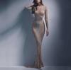 2025 Spring European & American Fashion: Hot Diamond See-Through Mesh Long-Sleeve Slit Dress