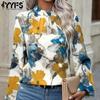 Women's Fashion Casual Spring Fall Flower Pattern Print Long Sleeve Half Turtleneck Blouses & Shirts