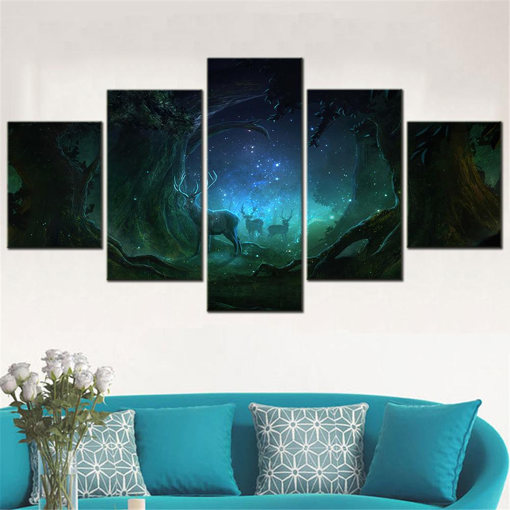 5 Panel Modular Home Decoration Wall Art Canvas Painting Set Fantasy Night Deer Forest Picture Modern Bedroom Decor Posters