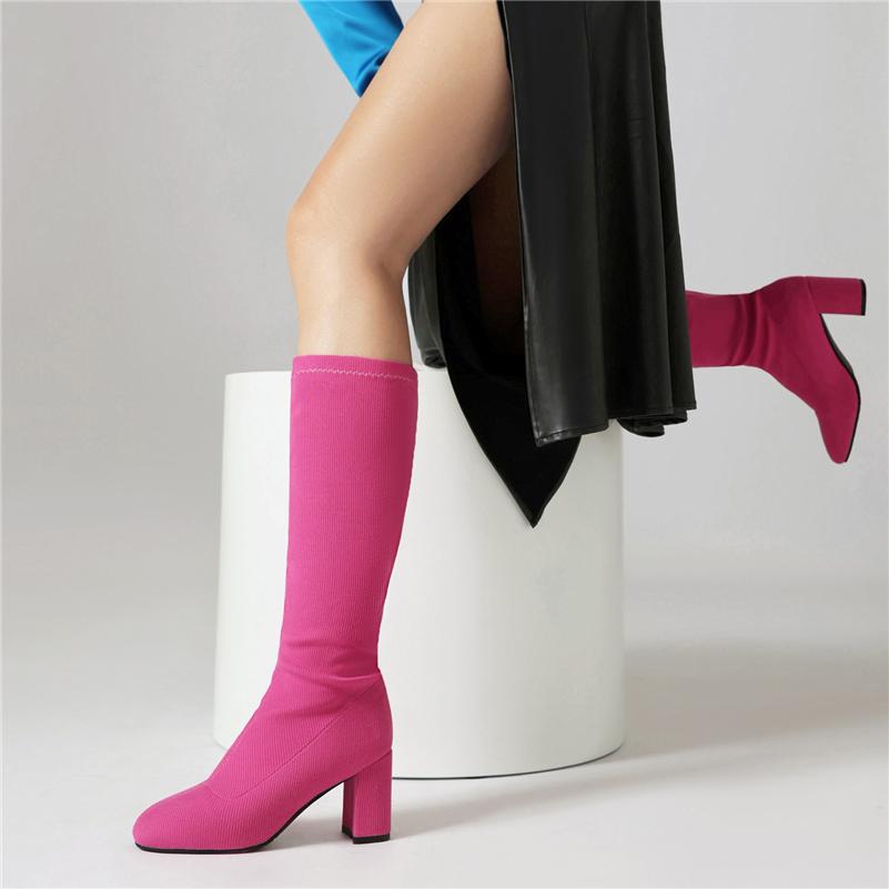 FOREADA Women Knee High Long Boots Round Toe Block High Heels Stretch Gogo Boots Ladies Fashion Shoes Autumn Winter Purple 43