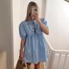 Summer Women Dress Lace-up Bow Decor Hollow Out O Neck Leopard Print Short Puff Sleeves Solid Color A-line Pleated Dating Party Mini Dress
