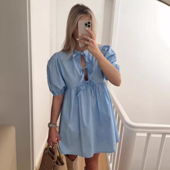 Summer Women Dress Lace-up Bow Decor Hollow Out O Neck Leopard Print Short Puff Sleeves Solid Color A-line Pleated Dating Party Mini Dress