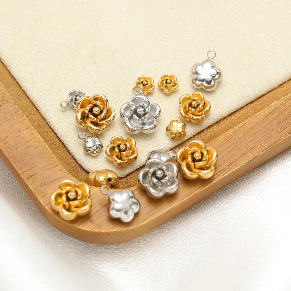 10pcs Stainless Steel Gold Beads Rose Flower Charms for DIY Jewelry Girls Women Pendant Necklace Bracelet Anklet Earrings Making