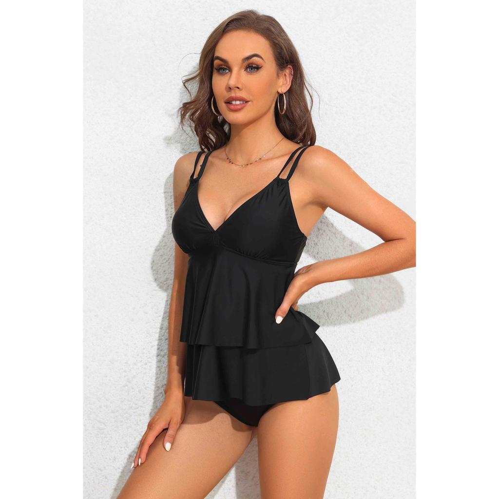 CHARMLEAKS Women Tankini Set Solid Color Swimwear Swim Sets Shoulder Straps V Neck Cake Hemline Bathing Suit