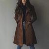 Women's Dark Brown Long Suede Coat, Lapel Collar Single-Breasted Trench Style