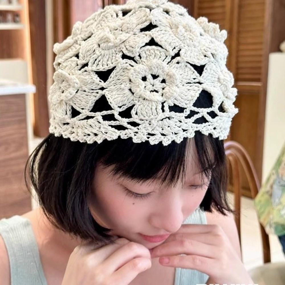 Handmade Crochet Flower Knitted Hat Bohemian Style Woven Cap Sweet Hollowed Out Beanie Cap Girls