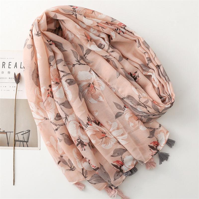 Four Seasons Soft Cotton And Hemp Texture Silk Scarf Women'S Word Pattern Pink Grey Flower Tassel Travel Shawl
