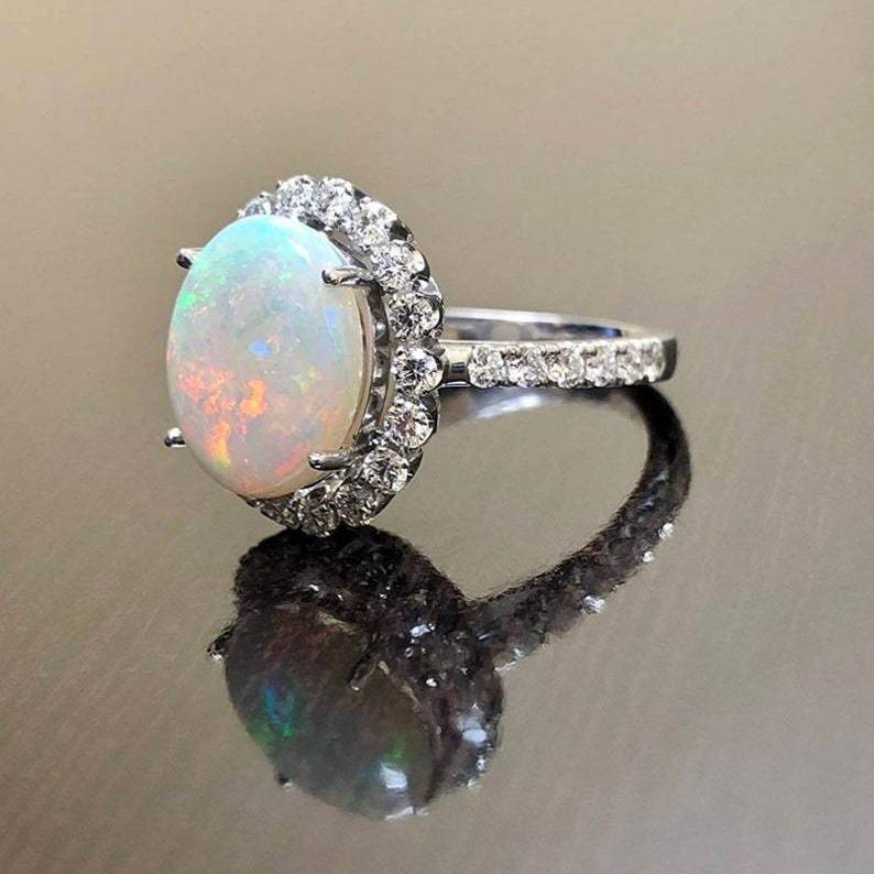TEMU Vintage Alloy Inlaid Opal Ring - European & American Ladies' Engagement Ring