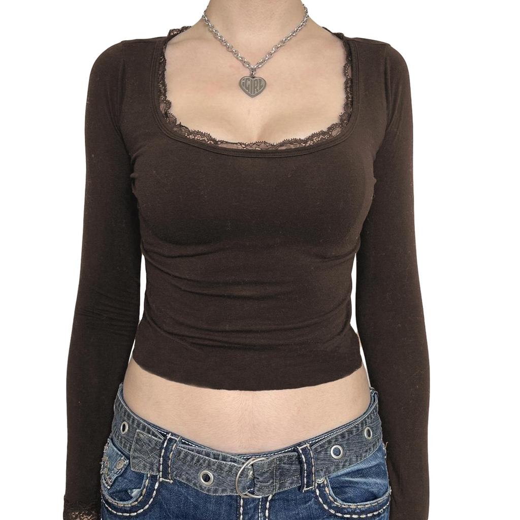 Женские короткие футболки с кружевной отделкой, рубашки с длинным рукавом и круглым вырезом, весенне-осенние облегающие топы, уличная одежда