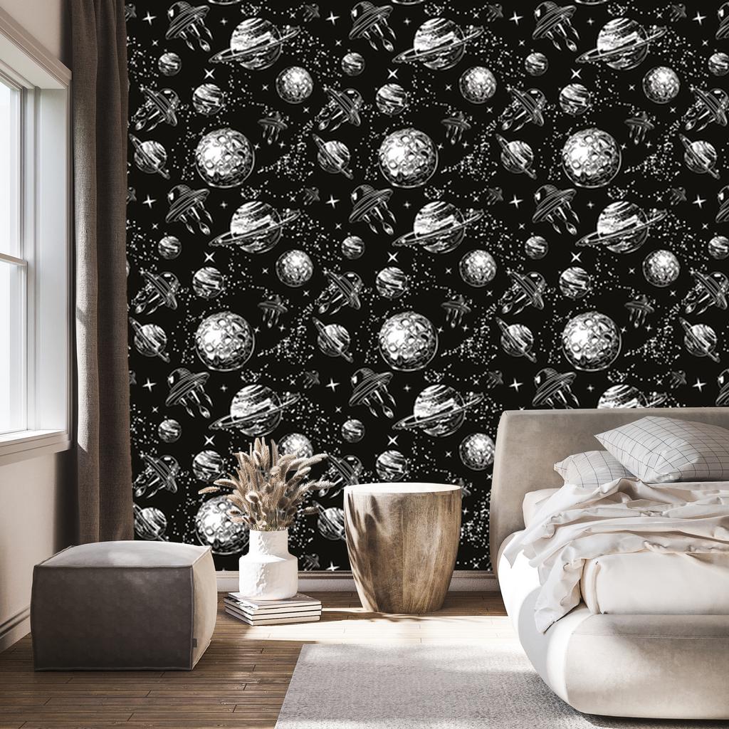 Wallpaper Spaceships among the planets for the living room and bedroom 50x1000