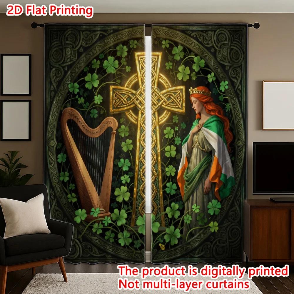 2pcs St.Patrick's Day Celtic Cross Harp and Girl Curtain - Modern Art Theme Suitable for All Room, All Season Decorative Curtain