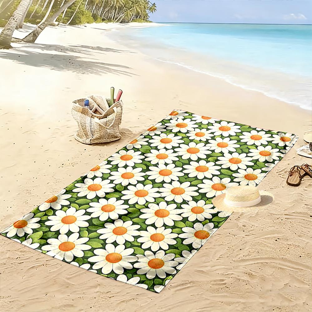 Daisy Pattern Green Background Towel Beach towel quick-drying for travel outdoor sports jogging beach and swimming