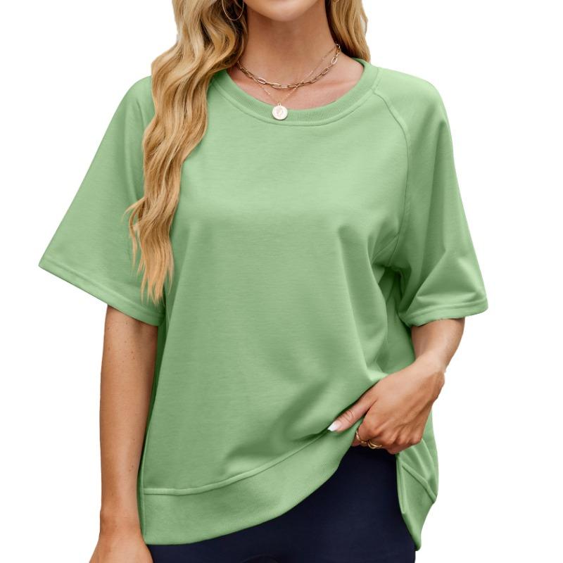 Женская весенне-летняя однотонная нить с круглым вырезом и рукавом средней длины, свободная футболка с капюшоном