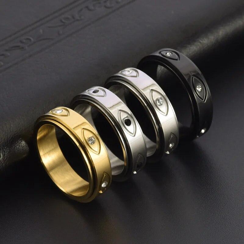 Rotatable Stainless Steel Spinner Fidget Anxiety Ring For Women Men Retro Star Evil Eye Rings for Stress Relieving