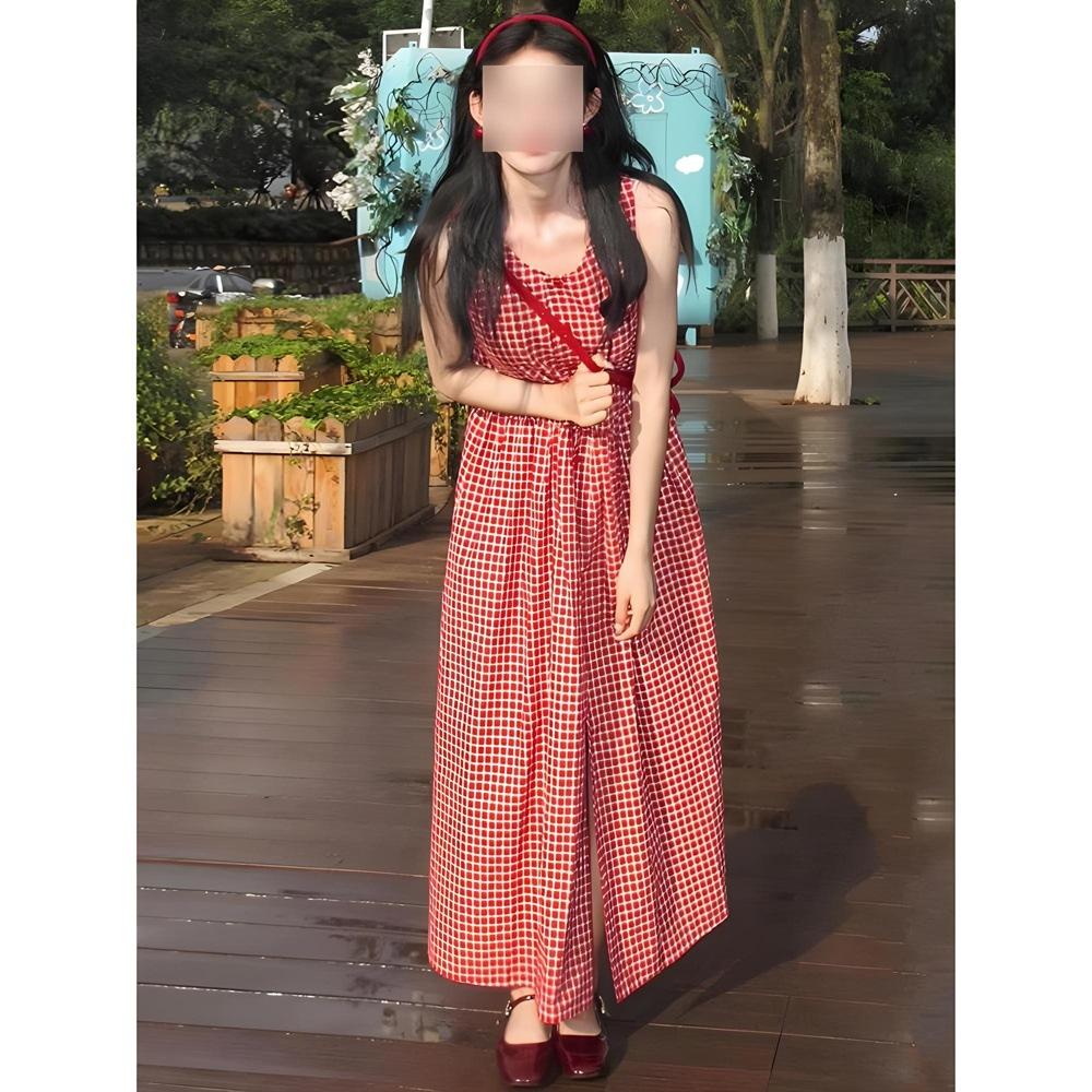 Клетчатое платье на подтяжках, повседневное женское маленькое платье-сарафан без рукавов, летнее новое платье для морского отдыха