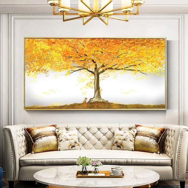 Абстрактные осенние золотые опавшие листья, холст, картина, настенное искусство, желтое дерево, постеры, принты с лисой для декора гостиной, Cuadros