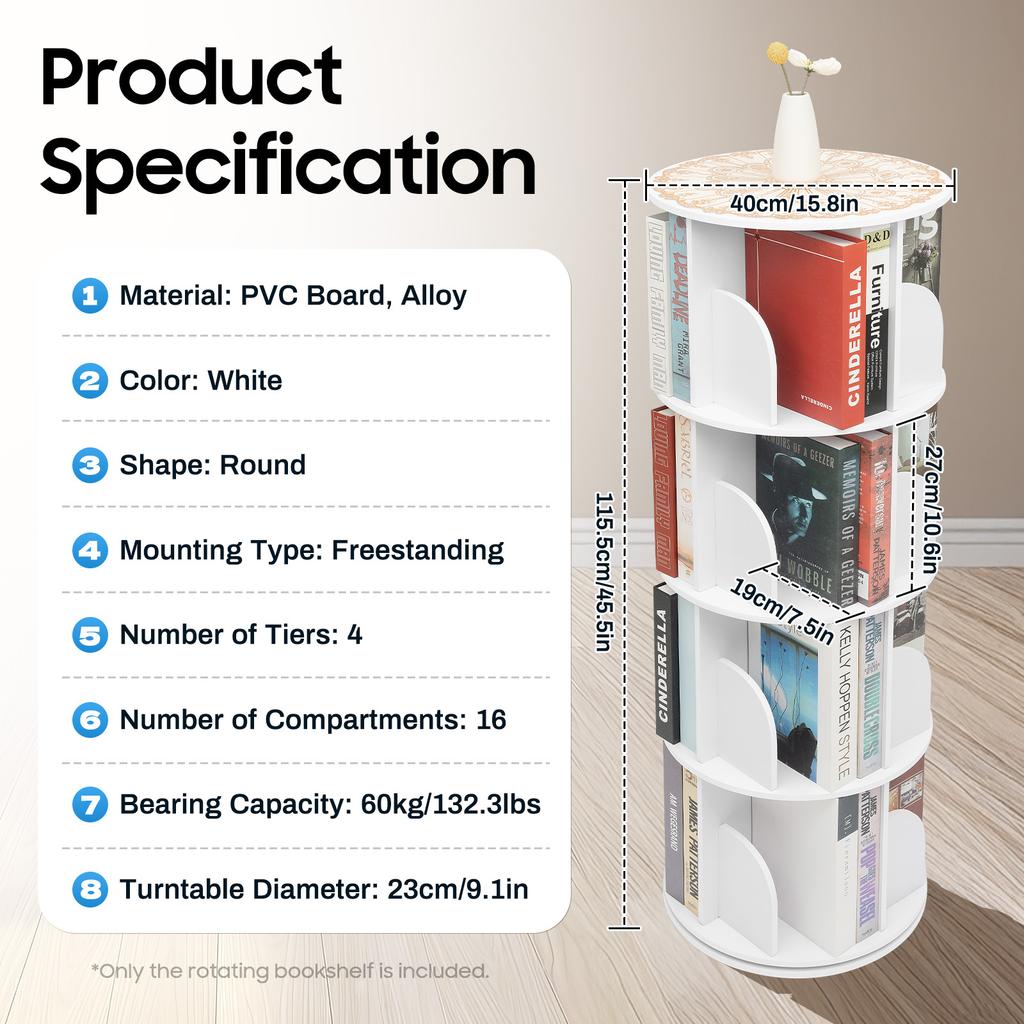 4-ярусная вращающаяся книжная полка, вращающийся на 360 градусов книжный шкаф, детский органайзер для хранения книг, игрушек, современная белая ПВХ отдельно стоящая полка