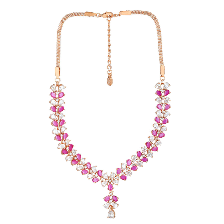 Estele Rose Gold Designer Necklace Set with CZ Flower and Ruby Stones for Women