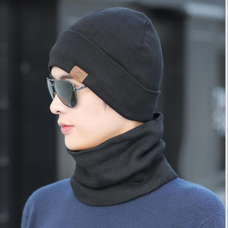 Men's Fleece Knitted Scarf Hat 2-piece Set Trendy Women's Warm Wool Hat Winter Student Cycling Cold