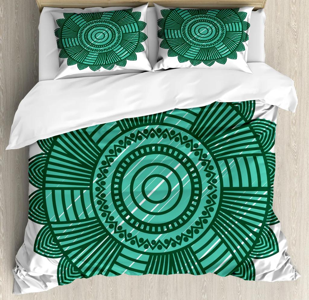 Mandala Duvet Cover Set Boho Lotus Flower Microcosm Motif Unique Retro Green Theme Double Queen King Size Polyester Qulit Cover