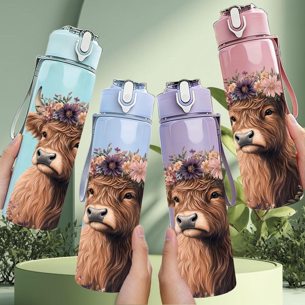1PC Highland Cow Shaggy Cattle Portrait Print 750ml Color Plastic Sports Water Bottle Leakproof Flip Straw Lid Suitable for Sports Office Home Use