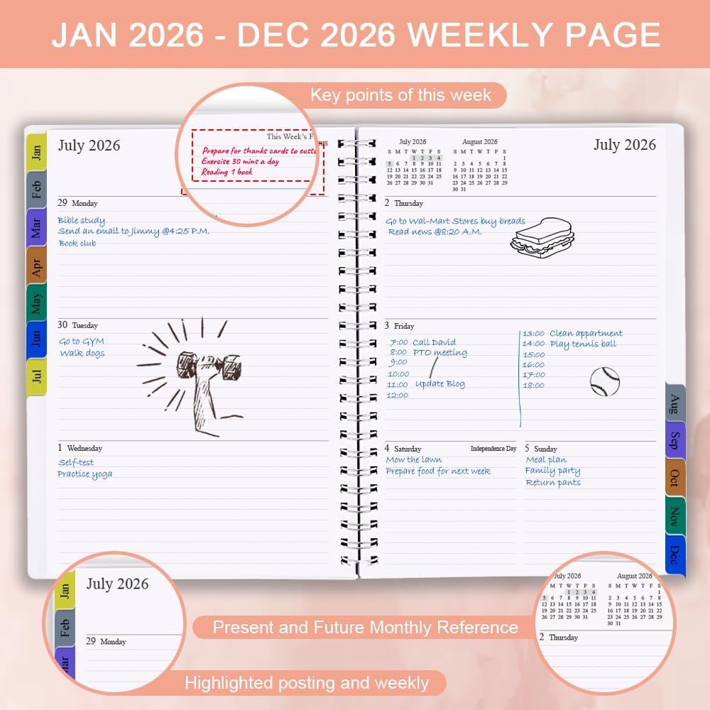 2026 Planner - Weekly & Monthly Planner Runs January 2026 to December 2026, 6.25" x 8.25", 12 Monthly Tabs, 14 Notes Pages, Inner Pocket, Flexible
