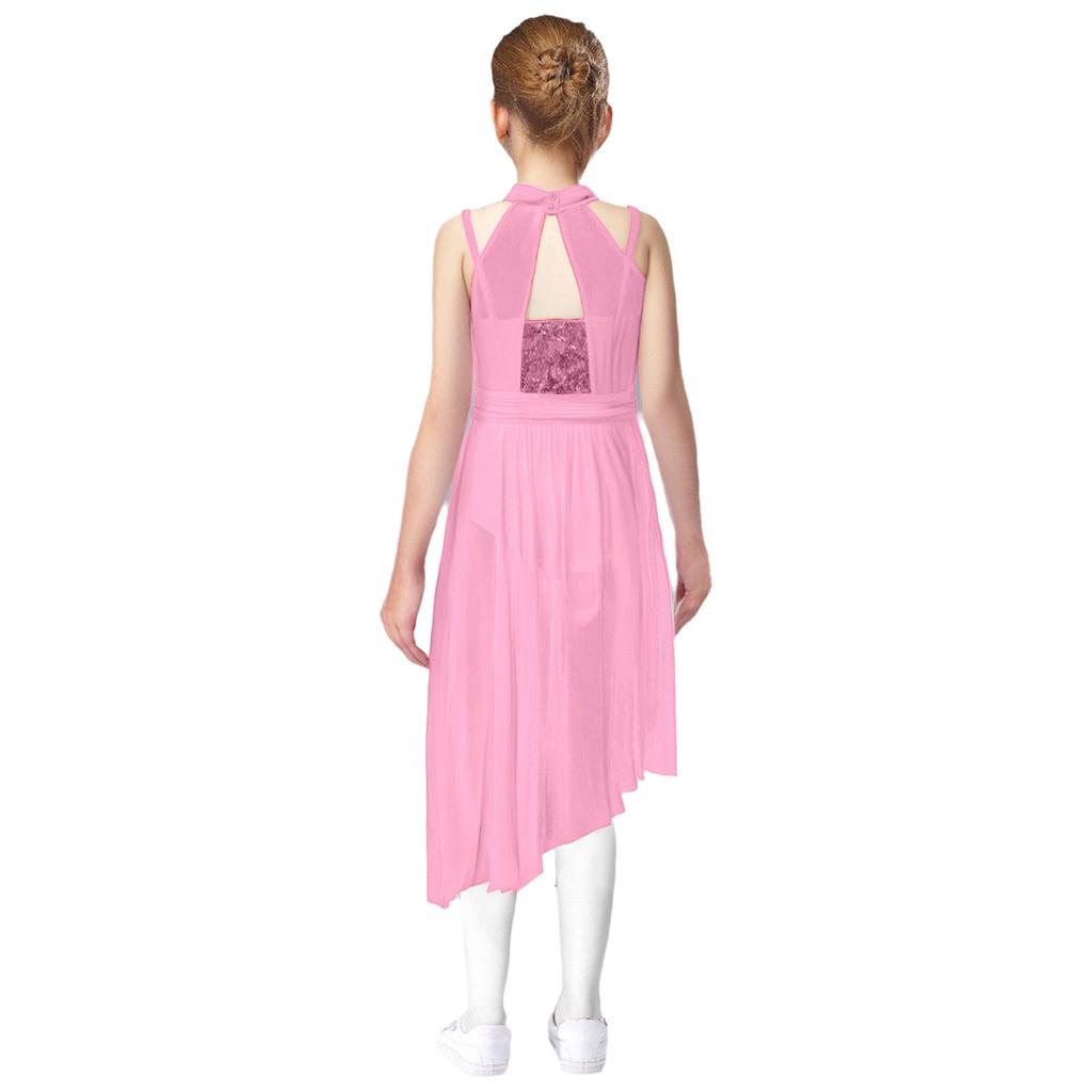 Girls Lyrical Performance Costume Shiny Sequins Sleeveless Asymmetrical Dance Dress with Sheer Mesh Skirt