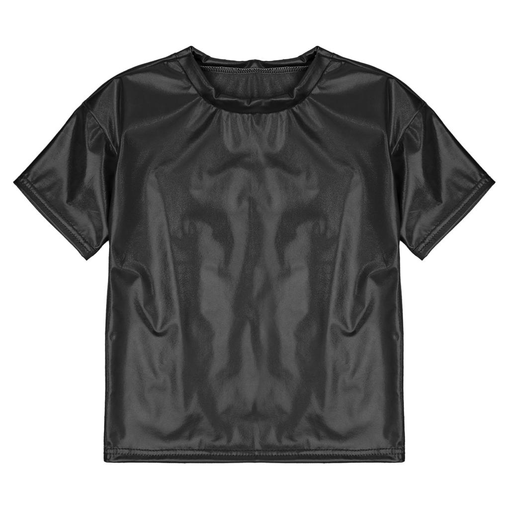 Детские блестящие футболки металлизированного цвета с короткими рукавами для мальчиков и девочек, топы для танцев, вечерние блестящие наряды