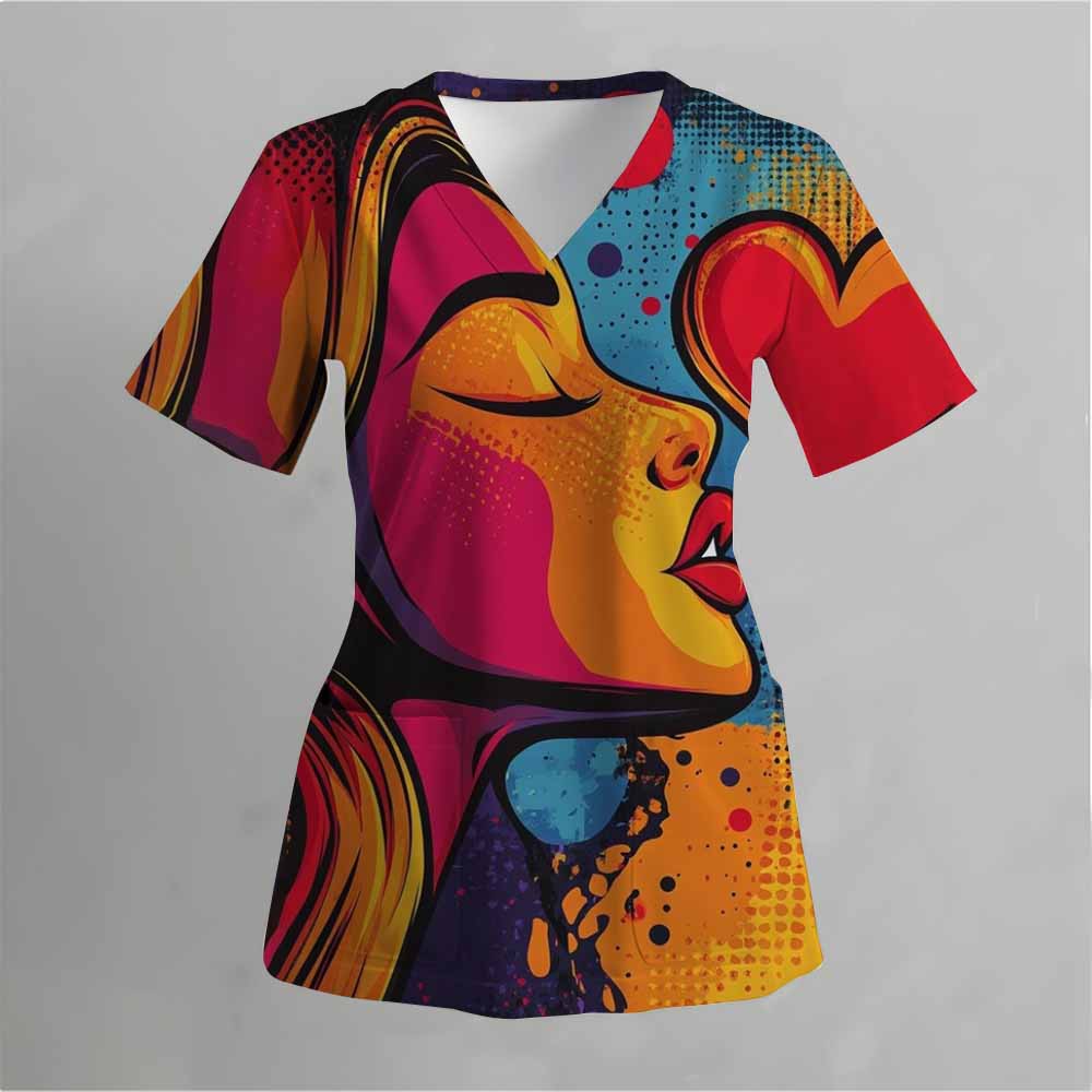 Матовая медицинская униформа с розовым рисунком в виде кошки, женская униформа с V-образным вырезом и коротким рукавом, с карманом, женская матовая