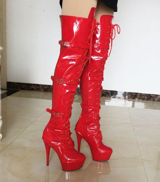 Сексуальные эластичные сапоги, ночные сапоги на шнуровке с пряжкой на ремне, кожаные сапоги для танцев на пилоне 15 см