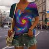 Women's V-Neck Short Sleeve Rainbow Orbit Printed Tops Loose T-Shirt Casual Blouse