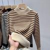 Half High Neck SweaterWomen's Striped One-piece VelvetThick Knitted Sweater with Added Velvet for Autumn and Winter As The Base Layer