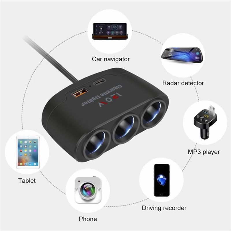 3 в 1 USB Type C разъем 120 Вт автомобильный прикуриватель разветвитель 12 В 24 В быстрое зарядное устройство телефон адаптер питания для автомобильного видеорегистратора GPS видеорегистратор
