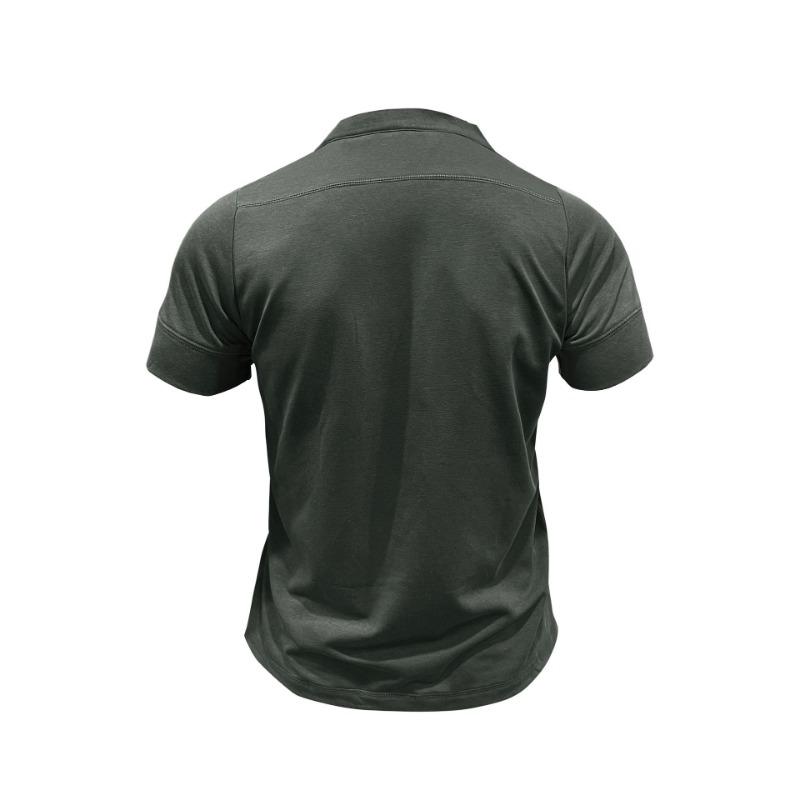 Men Black Stand Collar Henley Neck Short Sleeve T Shirt With Chest Pocket Casual Summer