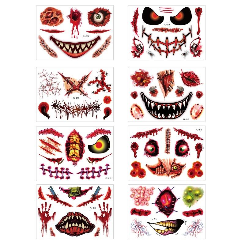 8pcs/set 2024 Hot Sale Halloween Spooky Face Tattoo Stickers Masquerade Scars Scary Face Stickers Tattoo Stickers