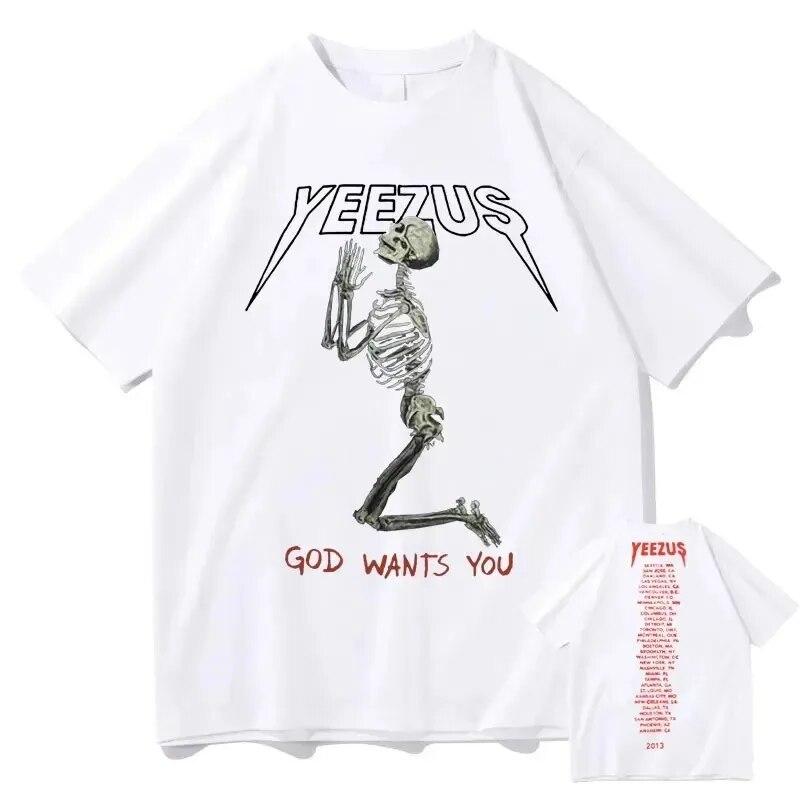 New God Wants You Kanye West Double Sided Print Tshirt Streetwear Skull Graphic T-shirts Unisex Women Hip-Hop T Shirt Man Tops Tees Unisex