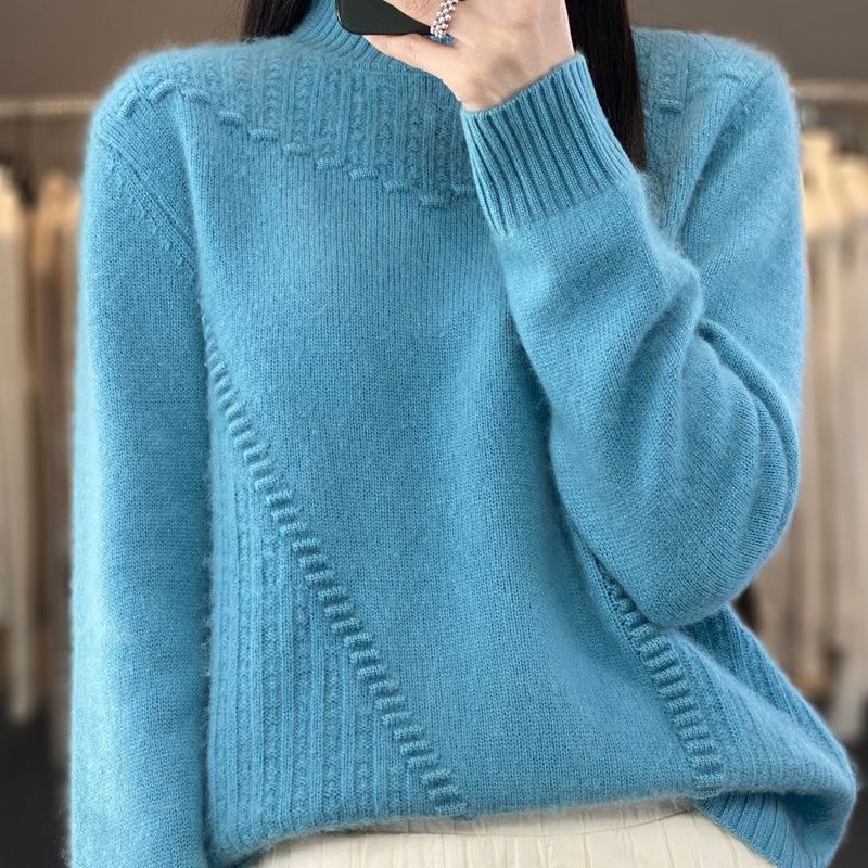 Women's Solid Color Thick Drum Wave Sweater Korean Version Pullover Half High Collar for Inner and Outer Wear Fashionable Base Women's Sweater